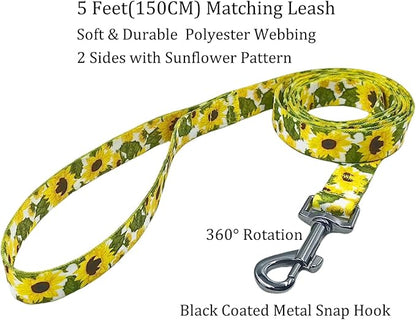 Dog Collar Leash Set, Floral Pattern, 5ft Matching Leash, Polyester Material, 4 for Small Medium Large Dogs.(M, Sunflower)
