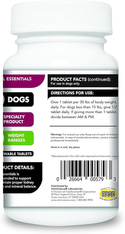 VetriScience Kidney Health Chewable Tablets for Dogs - Renal Essentials Support Supplement with Astragalus, Rehmannia, Nettle Seed & Cordyceps, Urinary & Renal Support, Smoke Flavor, 60 Ct
