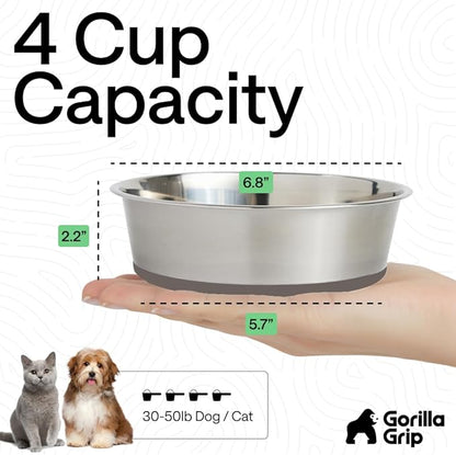 GORILLA GRIP Dog Bowls, Food Grade 304 Stainless Steel, Holds 4 Cups Each (32 fl oz) Food and Water Bowl for Feeding Dogs and Cats, Dishwasher Safe, Rust Resistant, BPA Free Rubber Base Set of 2 Beige