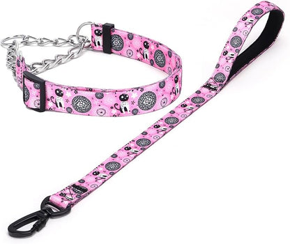 Martingale Dog Collar and Leash Set, Stainless Steel Chain, No Pull Training Collar with Flower Design, for Small, Medium, Large Dogs (NO7, S)