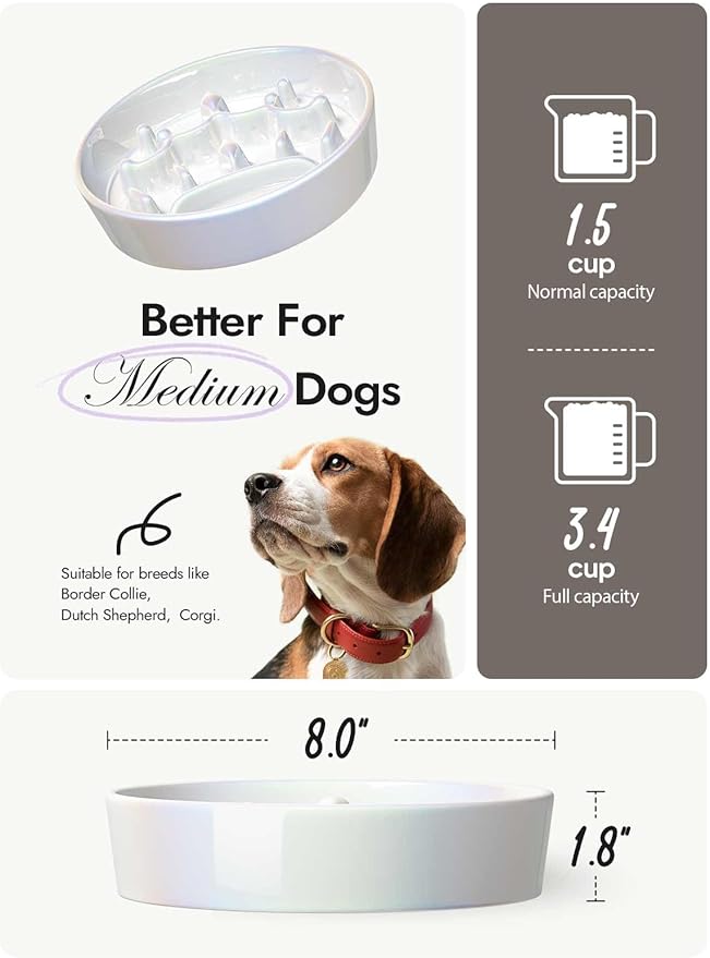 LE TAUCI Dog Bowls Slow Feeder Ceramic, 1.5 Cup Slow Feeding Bowl for Small and Medium Breed, Puzzle Dog Food Bowl for Fast Eater, Crown Silver