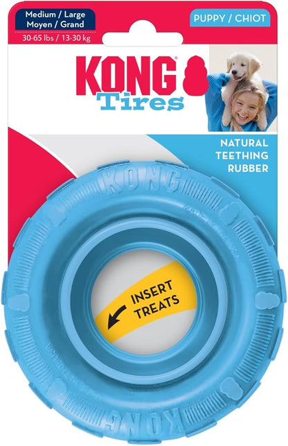 KONG Puppy Tires - Dog Chew Toy for Puppies - Stuffable Dog Toy for Treats & Snacks - Natural Rubber Chew Toy for Teething Puppy - for Medium/Large Puppies - Randomly Provided Color