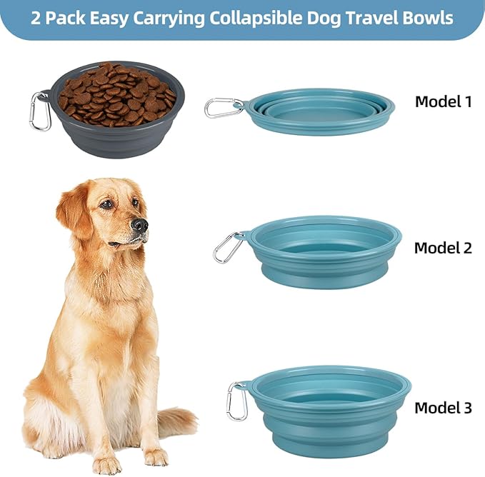 Kytely 2 Pack Collapsible Dog Bowls - 1000ml Portable Pet Food & Water Bowls with Carabiner Clip, Foldable Travel Dog Dish for Hiking, Walking, Camping (Blue & Grey)