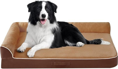 Dog Bed Large Sized Dogs, XL Orthopedic Dog Bed for Large Dogs, Waterproof Pet Bed with Washable Removable Cover, L-Shaped Pet Couch with Portable Handle 42"x30"x7.5", Brown