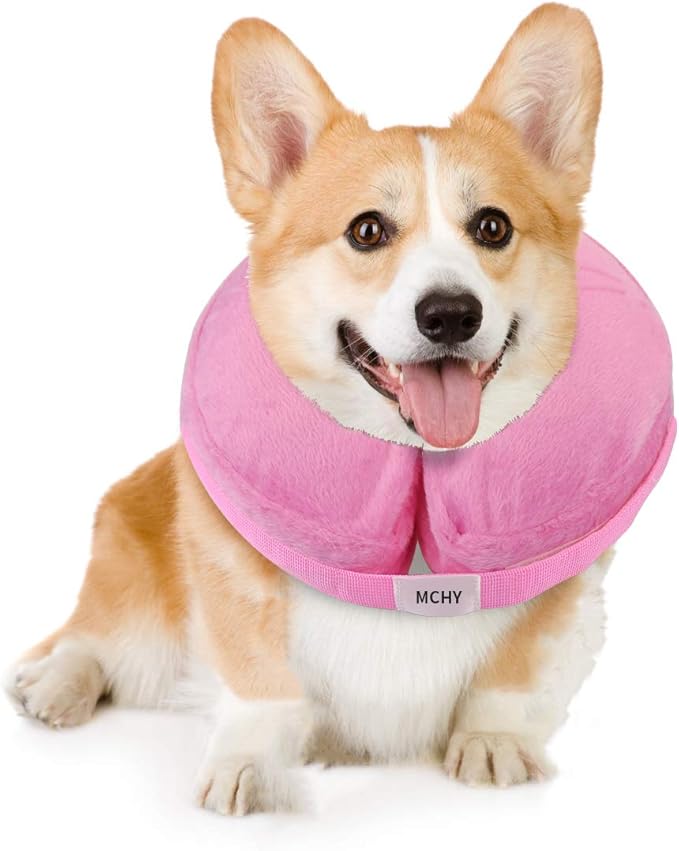 MCHY Inflatable Dog Cone,Adjustable Recovery Collar for Dogs After Surgery,Prevent from Biting & Scratching,Not Block Vision (Pink, M-Neck 10''- 14'')