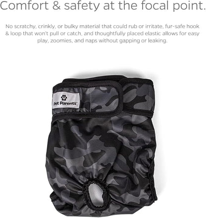Pet Parents® Washable Dog Diapers (3pack) + Extendrs® of Durable Doggie Diapers, Premium Dog Diapers Female & Male (X-Small, Camo)