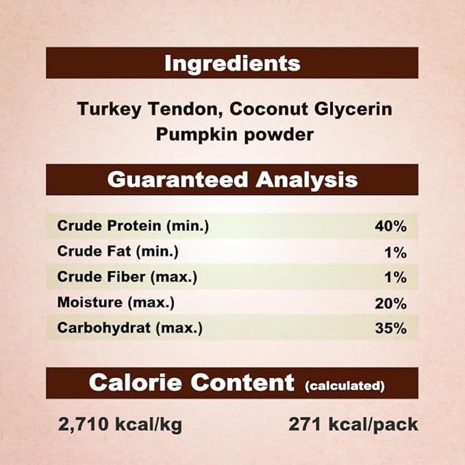 A Freschi srl Turkey Tendons for Dogs, USA-Sourced, Healthy Dog Treats, Rawhide-Free Puppy Chews, All Natural, Hypoallergenic Dog Treats, Soft Strips with Pumpkin, 3.5 oz Pack
