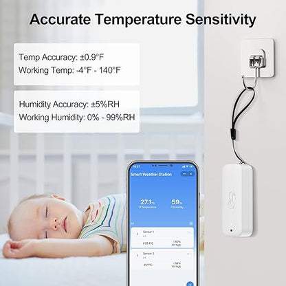 eMylo Indoor Outdoor Thermometer Hygrometer RTH11, IP65 Waterproof Temperature Humidity Sensor for Home with APP Alert, 492ft Monitoring Range, Requires Connection to WiFi Gateway(Not Included)