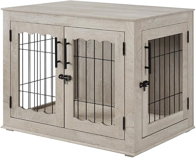 beeNbkks Furniture Style Dog Crate End Table, Double Doors Wooden Wire Dog Kennel with Pet Bed, Decorative Pet Crate Dog House Indoor Medium Large