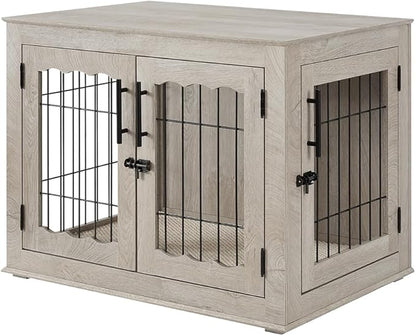 beeNbkks Furniture Style Dog Crate End Table, Double Doors Wooden Wire Dog Kennel with Pet Bed, Decorative Pet Crate Dog House Indoor Medium Large