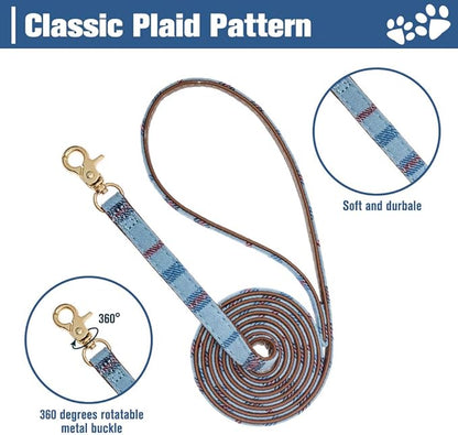 EXPAWLORER Puppy Collar and Leash Set - Embroidery Pawprints Plaid Dog Collar with Bow Tie and Bandana, Cute Collar and Leash for Dogs and Cats, Blue XS