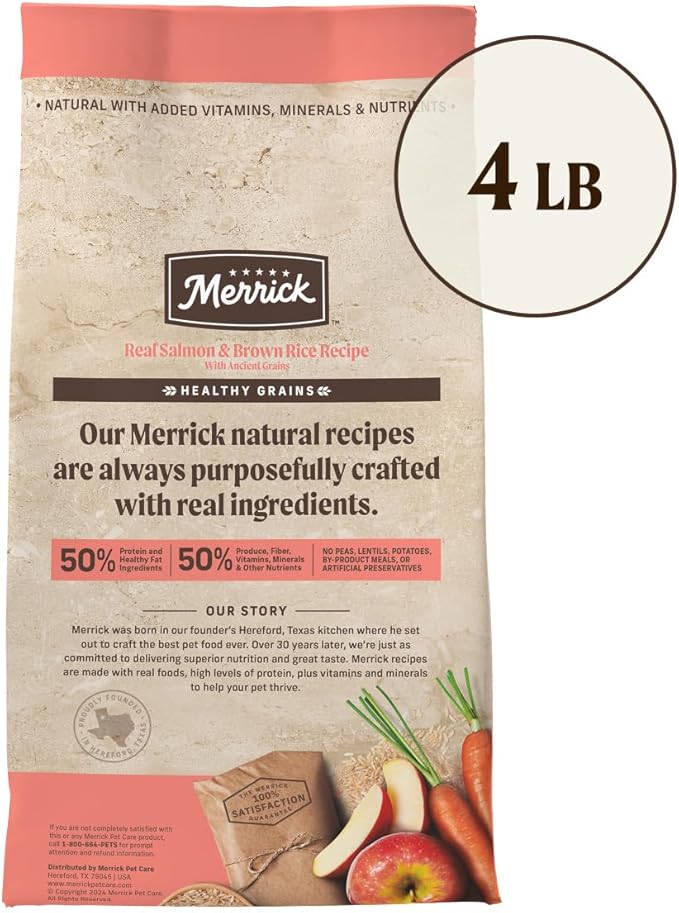 Merrick Healthy Grains Premium Adult Dry Dog Food, Wholesome And Natural Kibble With Salmon And Brown Rice - 4.0 lb. Bag