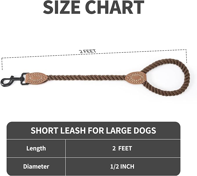 Mile High Life Short Dog Leash, Braided Cotton Rope Leashes with Leather Tip - Heavy Duty Metal Clasp, 18IN, 1/2" Thick - Wedding, Walking & Training Leash for Medium Large Dogs