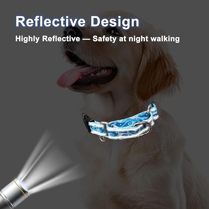 Reflective Martingale Collar with Quick Release Buckle Anti Pulling Boy Male Adjustable Dog Collars (Blue Waves, Medium)