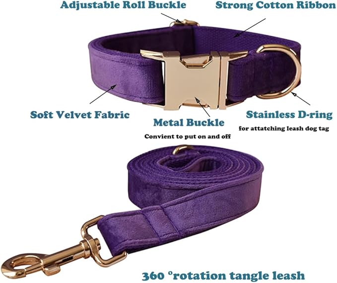 Love Dream Velvet Dog Collar and Leash Set, Soft & Comfy Adjustable Dog Leash and Collar with Heavy Duty Metal Buckle for Small Medium Large Dogs Training & Walking (XLarge, Dark Purple)