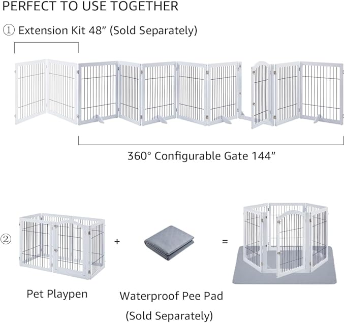 unipaws 144" Extra Wide Dog Gate and Pet Playpen, Free Standing Tall Dog Fence with Walk Through Door, Barriers for Home, Use as Indoor Dogs Cats Pen, Rabbit Pen, White