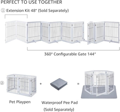 unipaws 144" Extra Wide Dog Gate and Pet Playpen, Free Standing Tall Dog Fence with Walk Through Door, Barriers for Home, Use as Indoor Dogs Cats Pen, Rabbit Pen, White