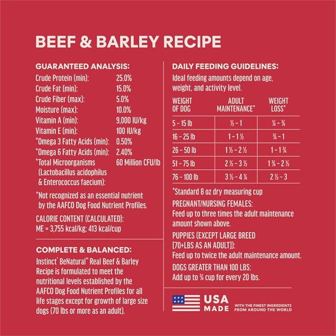 Instinct BeNatural, Natural Dry Dog Food, Raw Coated Kibble, Whole Grain - Real Beef & Barley, 25 lb. Bag