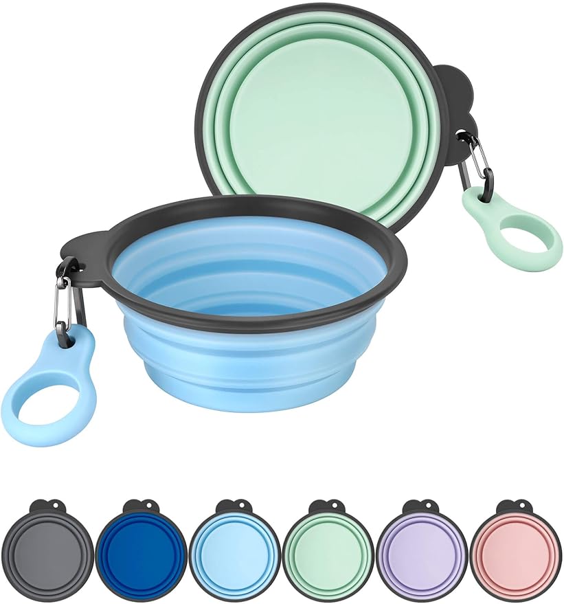 Aonkey Collapsible Dog Bowls with Bottle Carrier, 2 Pack Travel Dog Water Bowl Upgraded Carabiner, One-piece Molded Rim No Fall Off or Crack, Foldable Silicone Portable for Pets Walking Hiking 15oz