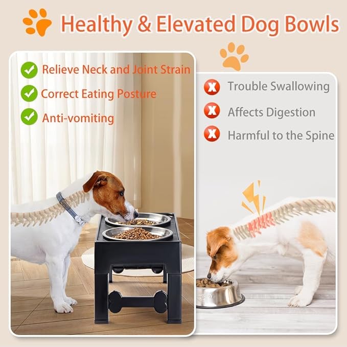 Marchul Elevated Dog Bowls, Raised Dog Food Water Bowls with 2 Thick Stainless Steel Bowls, 4 Height Adjustable, Non-Slip Stand for Medium Large Dogs (with Mat)