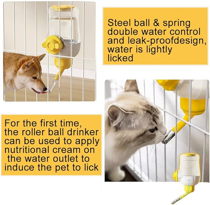Pet Dog Cat Hanging Automatic Feeders, Auto Gravity Pet Feeder No Drip Water Set, Cage Pet Feeding Bowls Dispenser for Cats Dogs Puppy, Rabbit (Yellow)