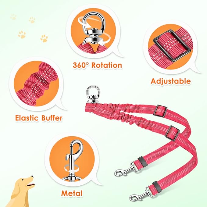 AUTOWT Double Dog Leash, No Tangle 360°Swivel Rotation Reflective Lead Attachment Adjustable Length Dual Two Dogs Lead Splitter, Comfortable Shock Absorbing Walking Training for 2 Dogs