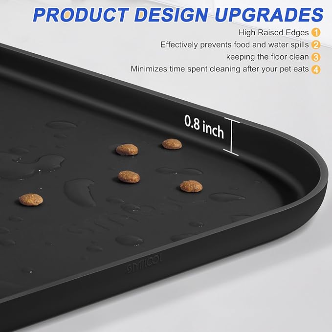 SMILOOL Silicone Pet Feeding Mat with Raised Edge for Food and Water, Dog Bowl Mats, Cat Bowls Placemat with High Lip for Floor Waterproof, Rubber Tray for Cats and Dogs 22 x 14 x0.8 Black