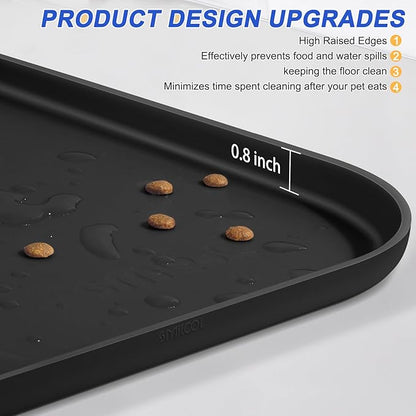 SMILOOL Silicone Pet Feeding Mat with Raised Edge for Food and Water, Dog Bowl Mats, Cat Bowls Placemat with High Lip for Floor Waterproof, Rubber Tray for Cats and Dogs 22 x 14 x0.8 Black