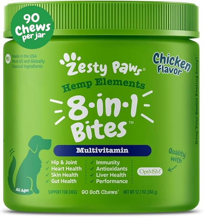 Zesty Paws 8-in-1 Bites for Dogs + Hemp Seed, 90 Count (Packaging May Vary)