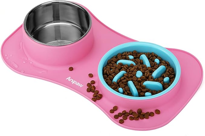 Anipaw Slow Feeder Dog Bowls 3 in 1 Stainless Steel Dog Food and Water Bowls with Non-Spill Non-Skid Silicone Mat to Slow Down Eating for Large Medium Small Breed Size Dogs and Cats