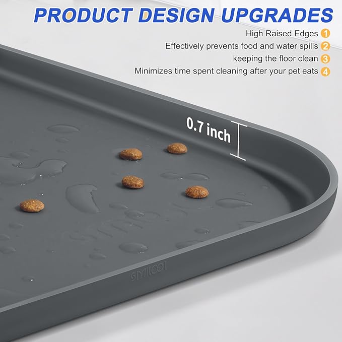 SMILOOL Silicone Pet Feeding Mat with Raised Edge for Food and Water, Dog Bowl Mats, Cat Bowls Placemat with High Lip for Floor Waterproof, Rubber Tray for Cats and Dogs 19 x 12 x 0.7 Dark Grey