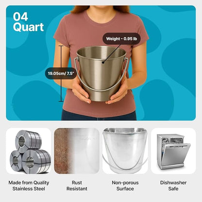 1 Gallon Heavy Duty Stainless Steel Bucket - Rust-Resistant Metal Bucket for Feeding & Watering Pets, Livestock & Cleaning - Perfect for Crates, Kennels, Cages & Hang on Fences - 4 Quart