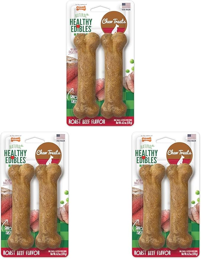 Nylabone Healthy Edibles Natural Dog Chews Long Lasting Roast Beef Flavor Treats for Dogs,Medium/Wolf,2 Count (Pack of 3)