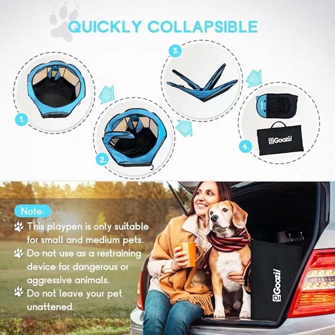 GOOZII Dog Playpen Portable Collapsible, Indoor Outdoor Pet Puppy Exercise Playpens Case with Zipper Door Top Cover Floor for Large Cat Rabbit Travel Camping (Small Size, Black/Blue)