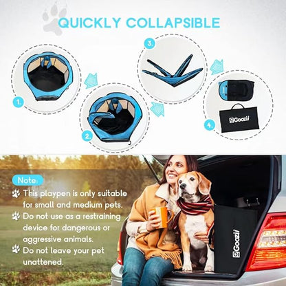 GOOZII Dog Playpen Portable Collapsible, Indoor Outdoor Pet Puppy Exercise Playpens Case with Zipper Door Top Cover Floor for Large Cat Rabbit Travel Camping (Small Size, Black/Blue)