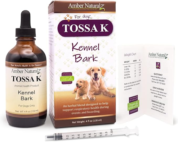 Amber NaturalZ Tossa K Kennel Bark Herbal Supplements for Dogs and Puppies | Canine Herbal Blend for Respiratory Health | 4 Fluid Ounce Glass Bottle | Globally Sourced Ingredients | Made in The USA