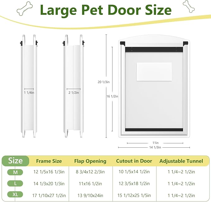 [Classicmacher] Dog Door for Door, All-Stainless Steel Frame Doggie Door with Double Soft Flaps and 2 Sliding ABS Panels, Easy to Install, Perfect for Large Dogs Under 110 LBS (White, Double Flaps)
