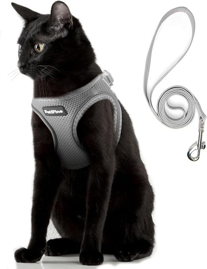 PetiFine Cat Harness and Leash Set,Escape Proof Kitten Harness Reflective,Soft Lightweight Puppy Harness for Walking and Travelling(XXS, Grey)