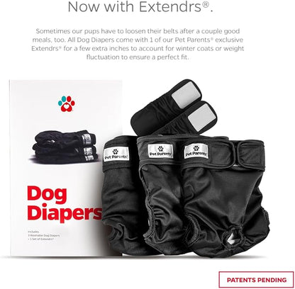 Pet Parents® Washable Dog Diapers (3pack) + Extendrs® of Durable Doggie Diapers, Premium Dog Diapers Female & Male (X-Large, Black)