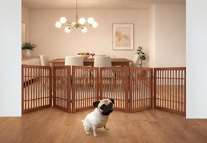 Urnporium Freestanding Wooden Dog Gate Foldable Indoor Pet Gate No Drill Expandable Barrier for Doorways Stairs Hallways Portable Wood Fence for Small Dogs & Puppies (Brown Pet Gate, 6 Panel 24" Tall)