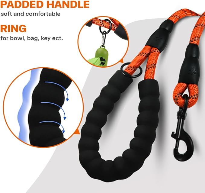 Taglory Rope Dog Leash 4 FT with Comfortable Padded Handle, Highly Reflective Threads Leash and Anti-Tangle Clip for Walking Small Dogs, 3/8 inch, Orange