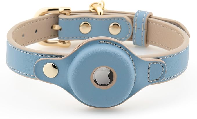 NINA WOOF Cupertino Dog Collars, Harnesses & Leashes Made from Vegan Leather with Dog Tracker Device Holder Adjustable Dog Collar (Small, Blue)