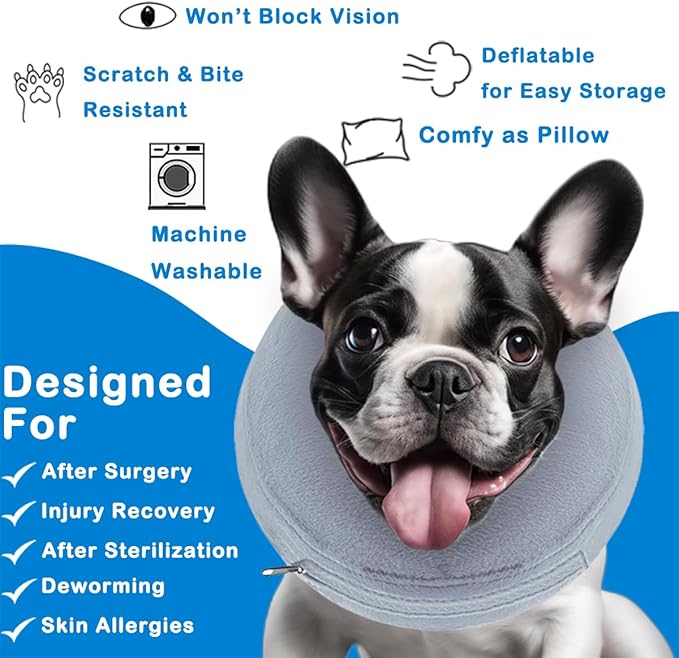 Inflatable Dog Cone Collar (L Size), Soft Dog Cone Blow-up Protective Recovery Collar, Pet Donut Collar, Comfy E-Collar After Surgery for Medium Large Dog to Prevent Biting Licking, Grey