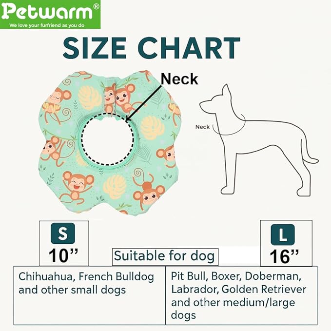 PetWarm Recovery Collar for Dogs, Dog Recovery Collar, Lightweight Pet Neck Protector with Memory Foam Padding, Gentle No-Lick Flower Design for Calm Rest and Travel, Monkey Print, Green, S