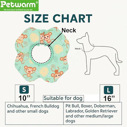 PetWarm Recovery Collar for Dogs, Dog Recovery Collar, Lightweight Pet Neck Protector with Memory Foam Padding, Gentle No-Lick Flower Design for Calm Rest and Travel, Monkey Print, Green, S