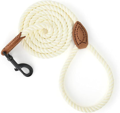 Mile High Life Dog Leash, Braided Cotton Rope Leashes with Leather Tailor Tip with Leather Tip - Heavy Duty Metal Clasp, 4FT, 1/2" Thick - Wedding, Walking Leash for Medium Large Dogs(Cream White)