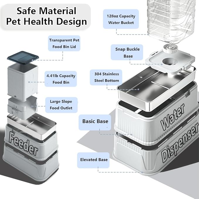 Elevated Automatic Pet Feeder & Water Dispenser, 128oz/3.8L Water & 4.4lb Food Capacity, Stainless Steel Bowl, 2-Level Height Adjustable, Neck Protection for Small/Medium Dogs & Cats