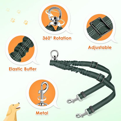 AUTOWT Double Dog Leash, No Tangle 360°Swivel Rotation Reflective Lead Attachment Adjustable Length Dual Two Dogs Lead Splitter, Comfortable Shock Absorbing Walking Training for 2 Dogs