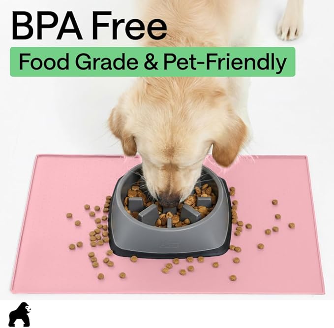 GORILLA GRIP 100% Waterproof Raised Edge BPA Free Silicone Pet Feeding Mat, Dog Cat Food Mats Contain Spills Protects Floors, Placemats for Cats and Dogs Water Bowl, Pets Accessories 32x24 Pink