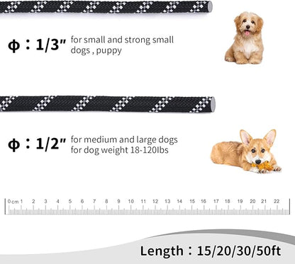 Long Dog Leash for Training 15Ft-Reflective Nylon Rope with Swivel Hook-Recall Agility Lead for Large Small Medium Dogs Outside Walking Hiking-Black Diam 1/2"